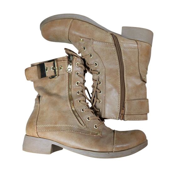 G By Guess Berlyn Women's Tan Combat Boot Sz 8 Lace and Zip Up Gorpcore Gold Zip - Picture 2 of 10